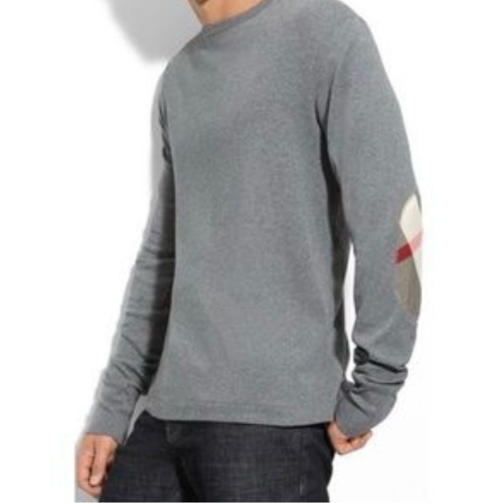 Burberry Gray Long Sleeve Tee with Plaid Detail